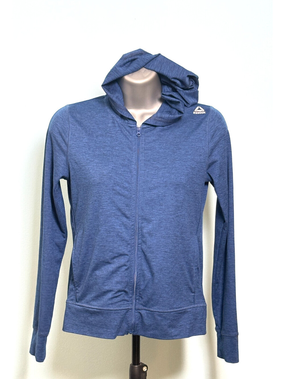 Reebok Jacket Womens XS Blue Heathered Full Zip Running Hoodie Delta Logo Gym